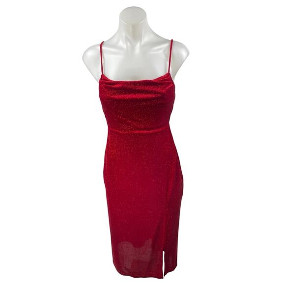NEW Windsor Red Sleeveless Cowl Neck Glitter Cami Slit Tank Slip Midi Dress S - Picture 2 of 6